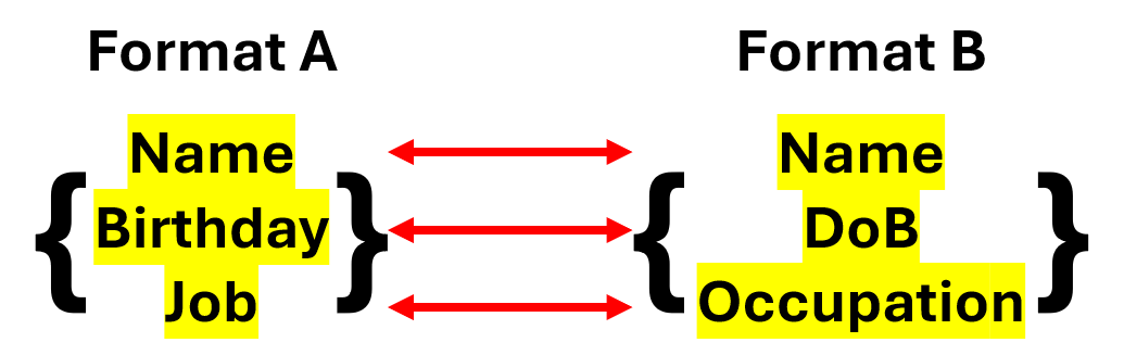 A correlation between data elements in Format A and Format B.